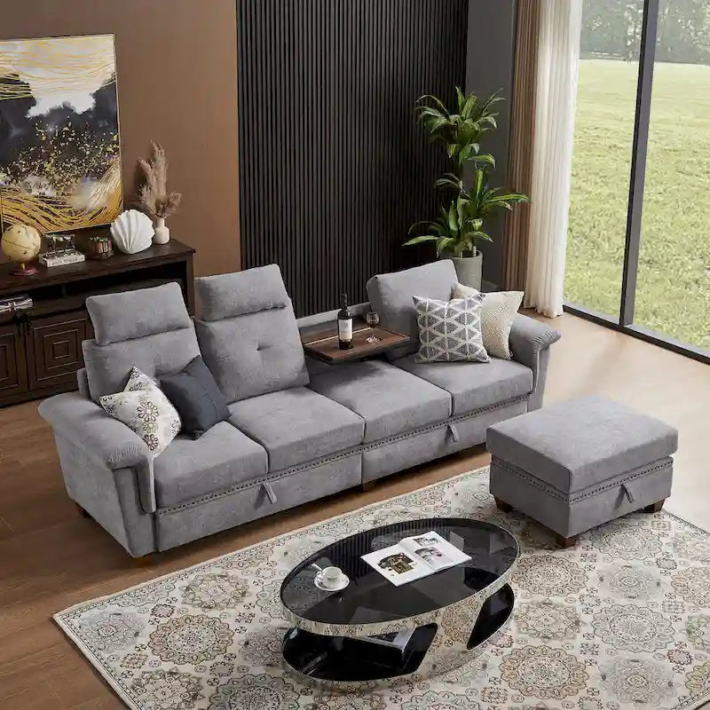 109 Moderne 4-Sitzer-Ecksofa aus Frottee mit verstecktem Couchtisch und großem Stauraum