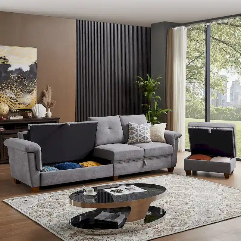 109 Moderne 4-Sitzer-Ecksofa aus Frottee mit verstecktem Couchtisch und großem Stauraum