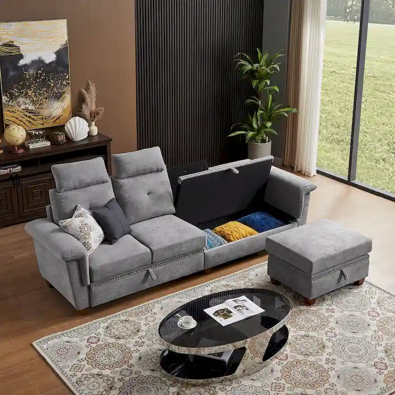 109 Moderne 4-Sitzer-Ecksofa aus Frottee mit verstecktem Couchtisch und großem Stauraum