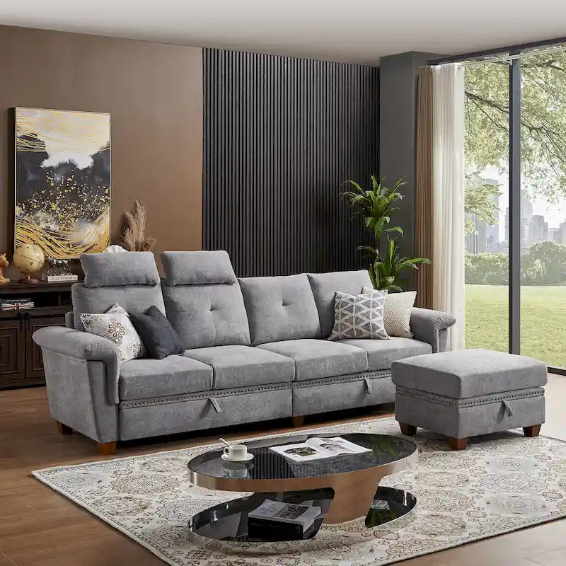 109 Moderne 4-Sitzer-Ecksofa aus Frottee mit verstecktem Couchtisch und großem Stauraum