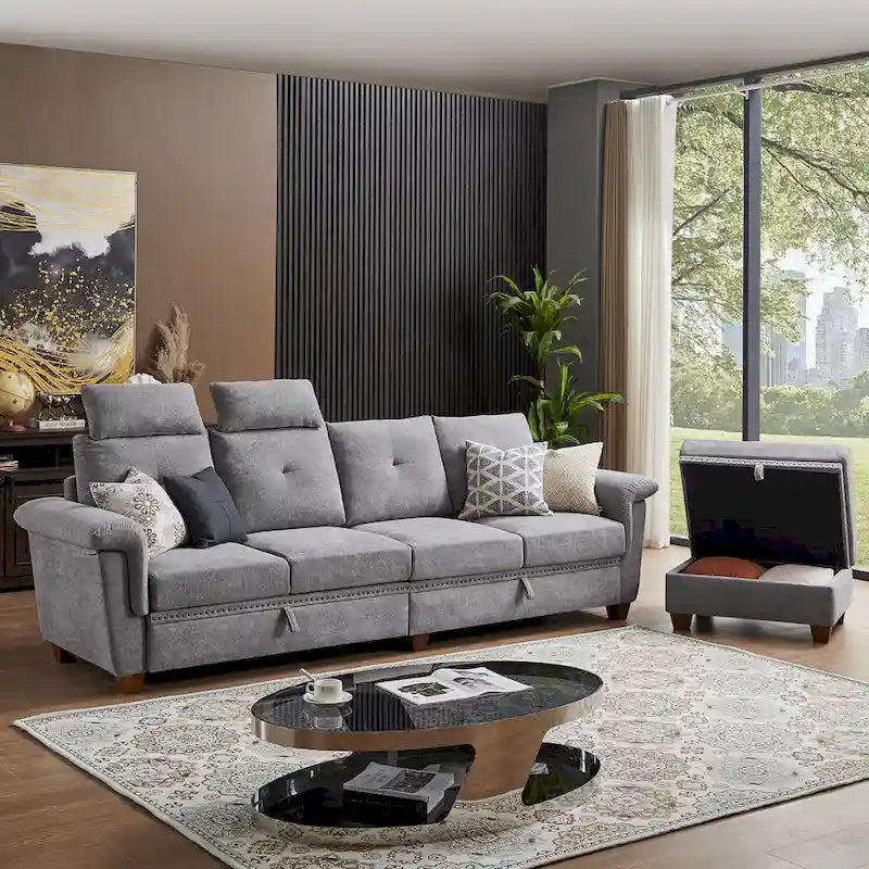 109 Moderne 4-Sitzer-Ecksofa aus Frottee mit verstecktem Couchtisch und großem Stauraum