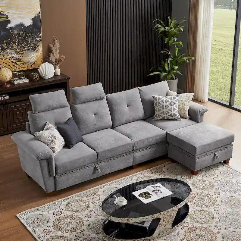 109 Moderne 4-Sitzer-Ecksofa aus Frottee mit verstecktem Couchtisch und großem Stauraum