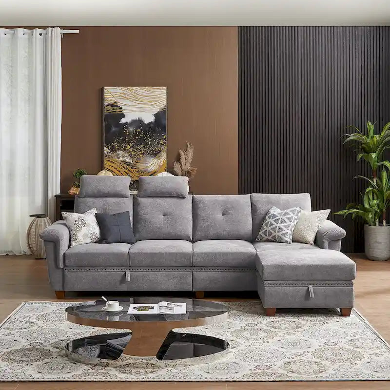 109 Moderne 4-Sitzer-Ecksofa aus Frottee mit verstecktem Couchtisch und großem Stauraum