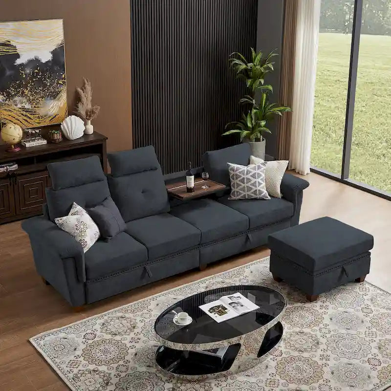 109 Moderne 4-Sitzer-Ecksofa aus Frottee mit verstecktem Couchtisch und großem Stauraum