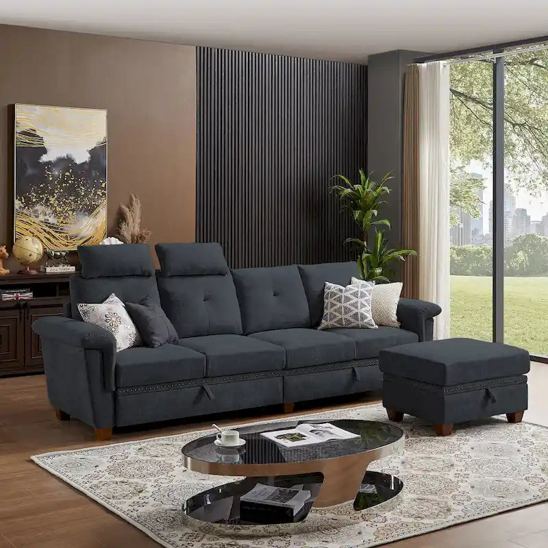 109 Moderne 4-Sitzer-Ecksofa aus Frottee mit verstecktem Couchtisch und großem Stauraum