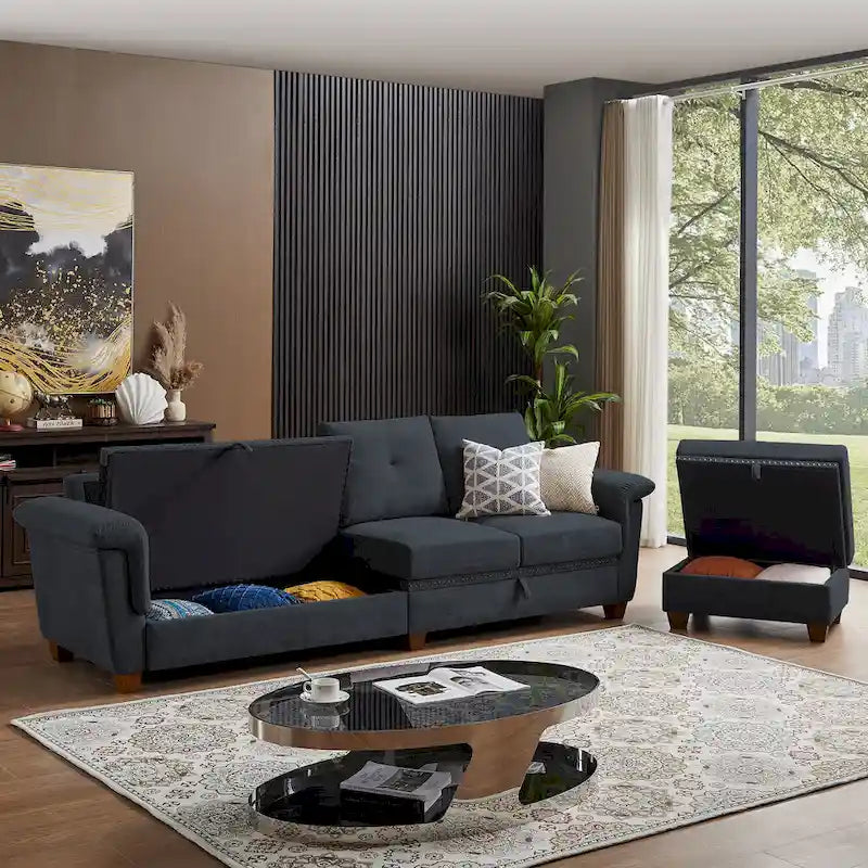 109 Moderne 4-Sitzer-Ecksofa aus Frottee mit verstecktem Couchtisch und großem Stauraum