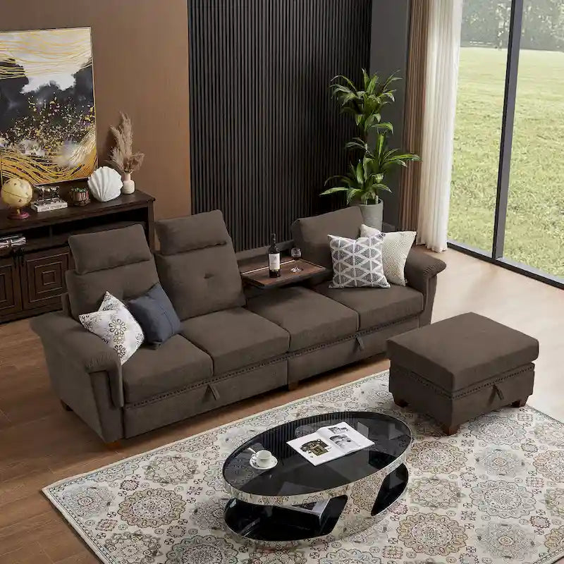 109 Moderne 4-Sitzer-Ecksofa aus Frottee mit verstecktem Couchtisch und großem Stauraum