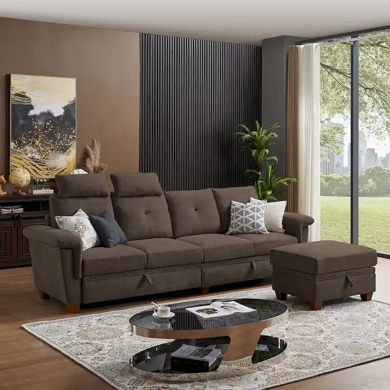 109 Moderne 4-Sitzer-Ecksofa aus Frottee mit verstecktem Couchtisch und großem Stauraum