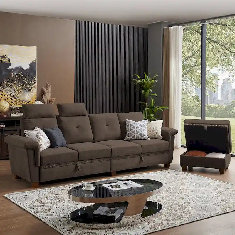 109 Moderne 4-Sitzer-Ecksofa aus Frottee mit verstecktem Couchtisch und großem Stauraum