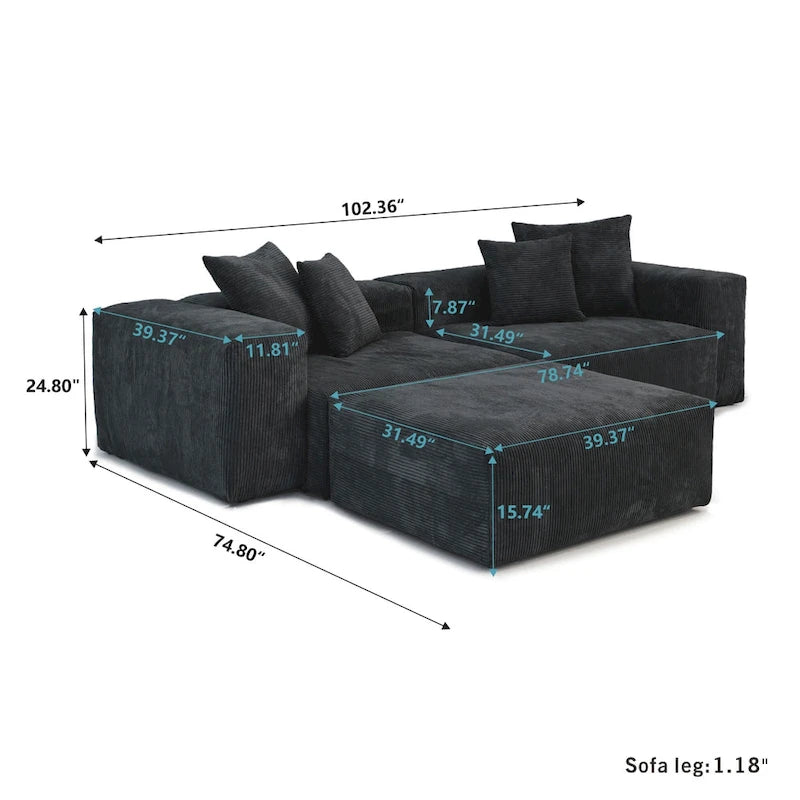 102 L-förmiges Cord-Ecksofa, überdimensioniertes, modernes, minimalistisches Sofa