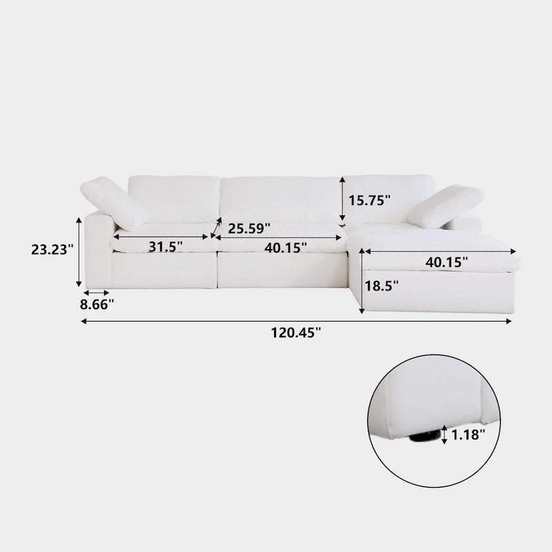 L-förmiges Sofa mit Leinenbezug, mehreren Kissen und Chaiselongue