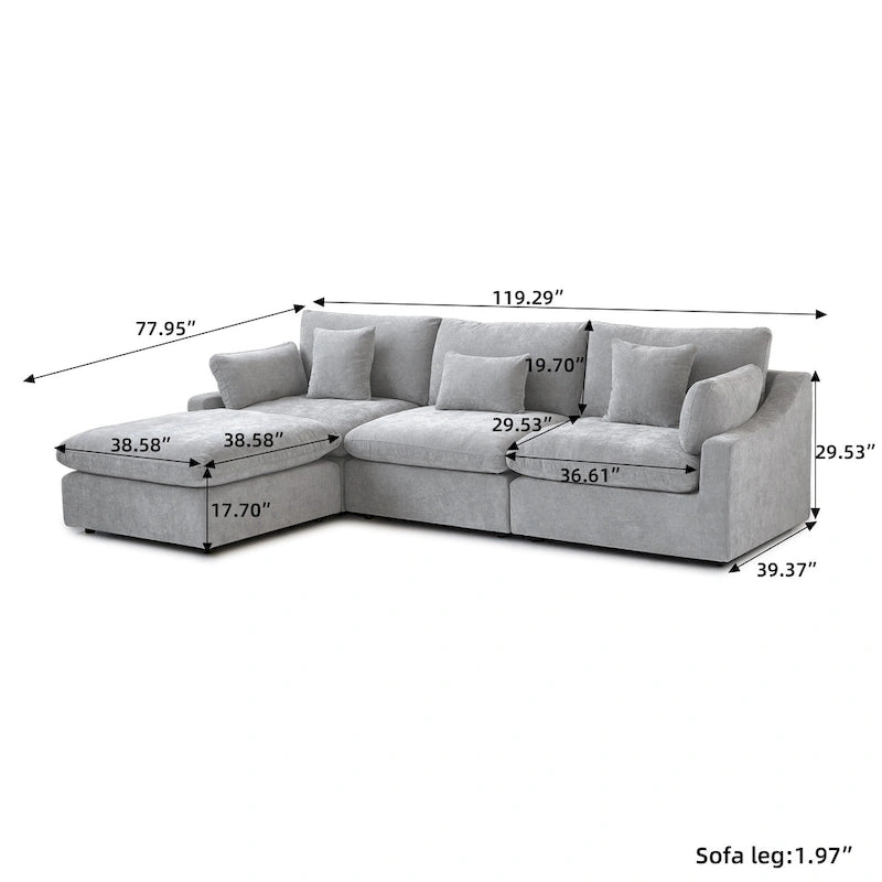 L-förmiges Sofa mit Leinenbezug, mehreren Kissen und Chaiselongue