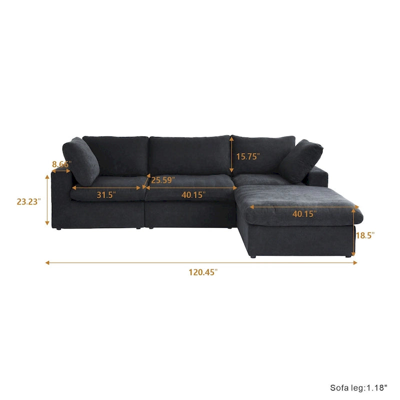 L-förmiges Sofa mit Leinenbezug, mehreren Kissen und Chaiselongue