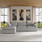 L-förmiges Sofa mit Leinenbezug, mehreren Kissen und Chaiselongue
