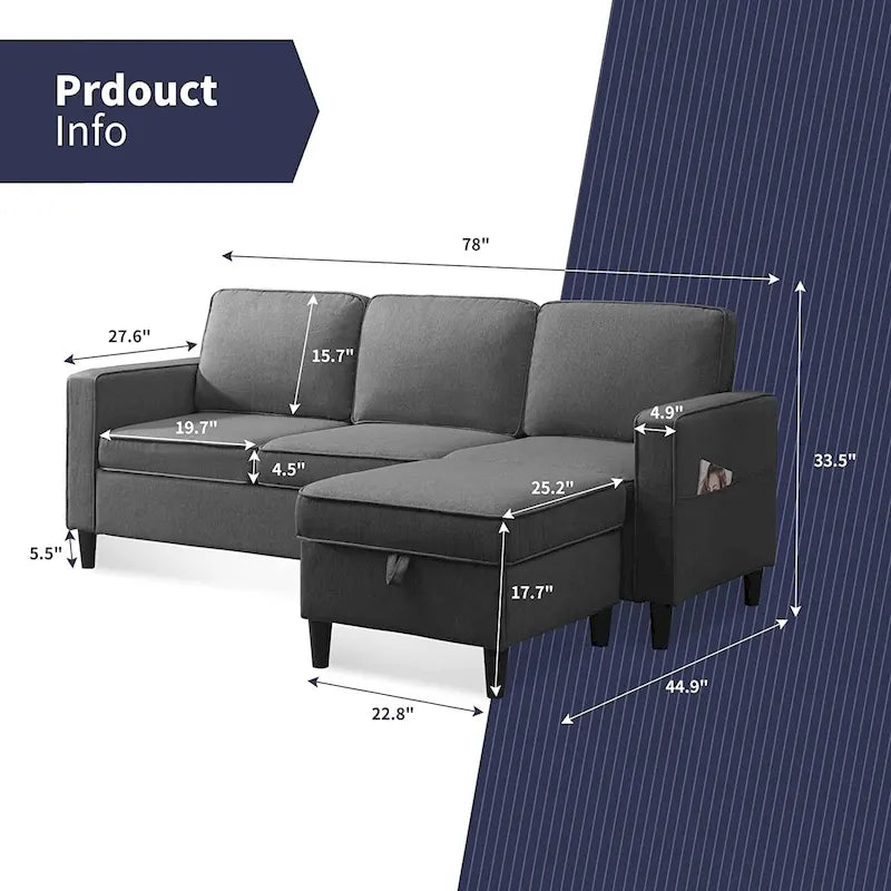 Mixoy Modernes 3-Sitzer Ecksofa mit Ottomane, 78 Zoll