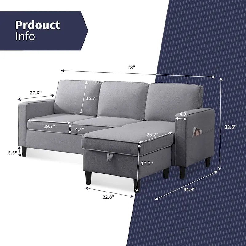 Mixoy Modernes 3-Sitzer Ecksofa mit Ottomane, 78 Zoll