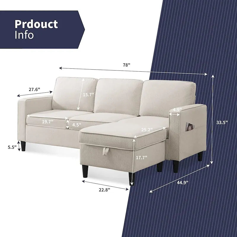 Mixoy Modernes 3-Sitzer Ecksofa mit Ottomane, 78 Zoll