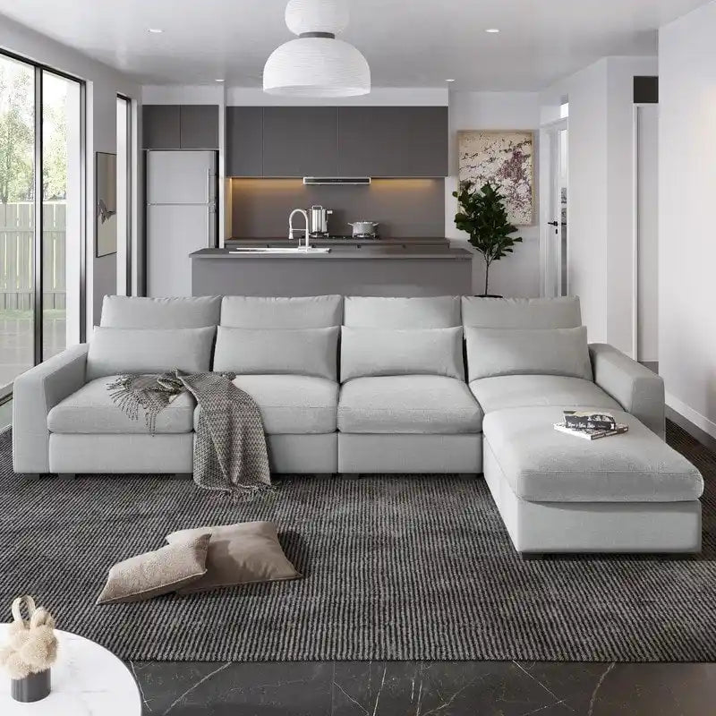Modernes umwandelbares L-förmiges Leinen-Feder-Modulsofa, umkehrbar