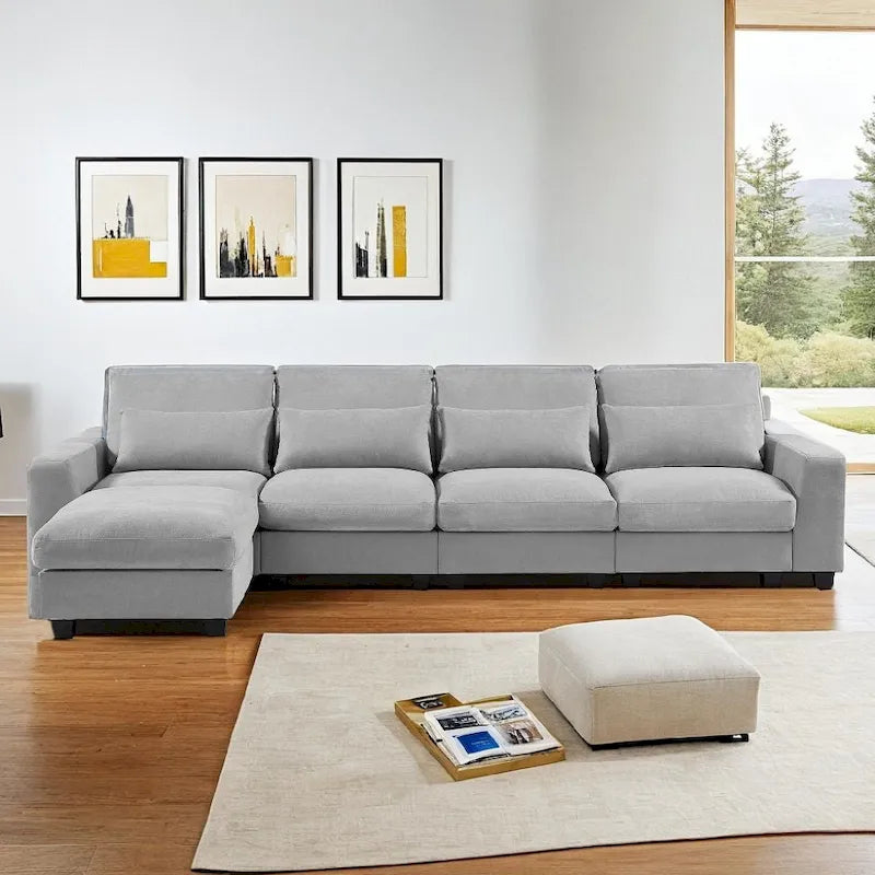 Modernes umwandelbares L-förmiges Leinen-Feder-Modulsofa, umkehrbar