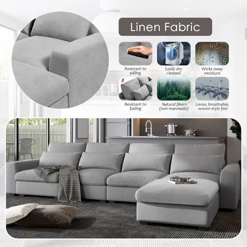 Modernes umwandelbares L-förmiges Leinen-Feder-Modulsofa, umkehrbar