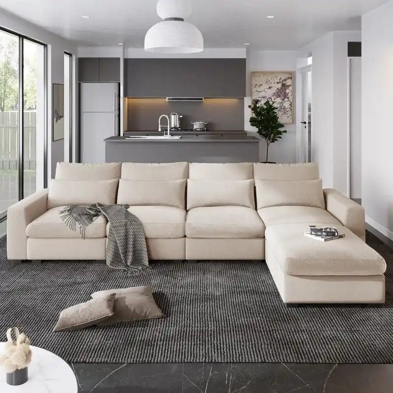 Modernes umwandelbares L-förmiges Leinen-Feder-Modulsofa, umkehrbar
