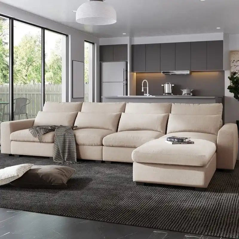 Modernes umwandelbares L-förmiges Leinen-Feder-Modulsofa, umkehrbar