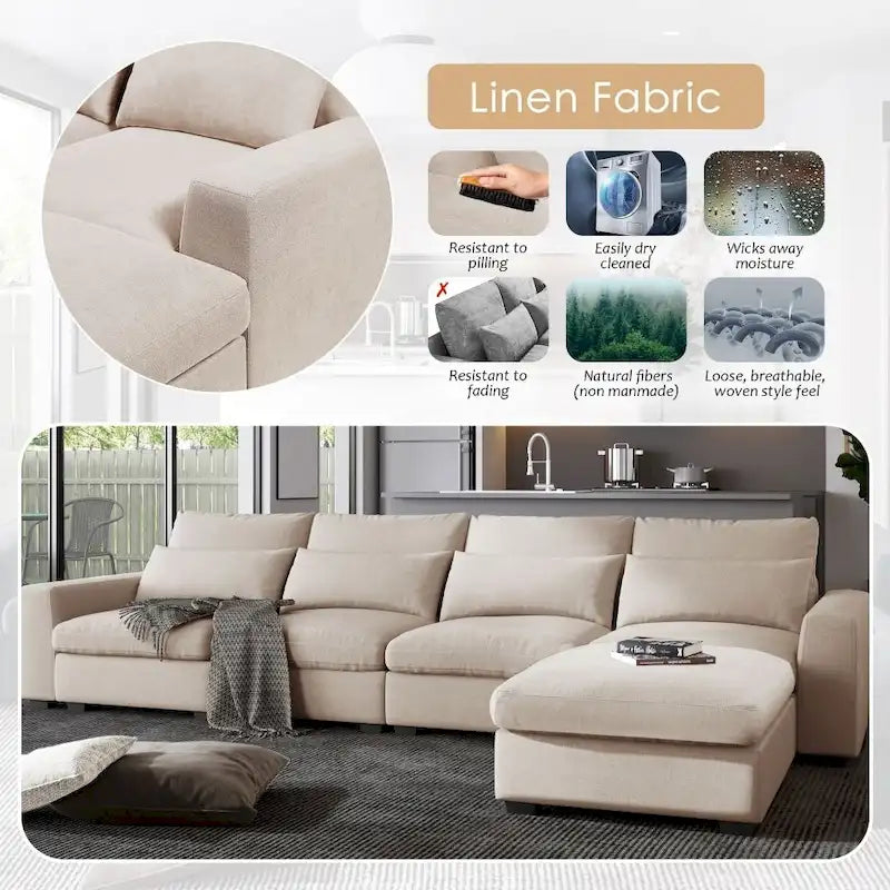 Modernes umwandelbares L-förmiges Leinen-Feder-Modulsofa, umkehrbar