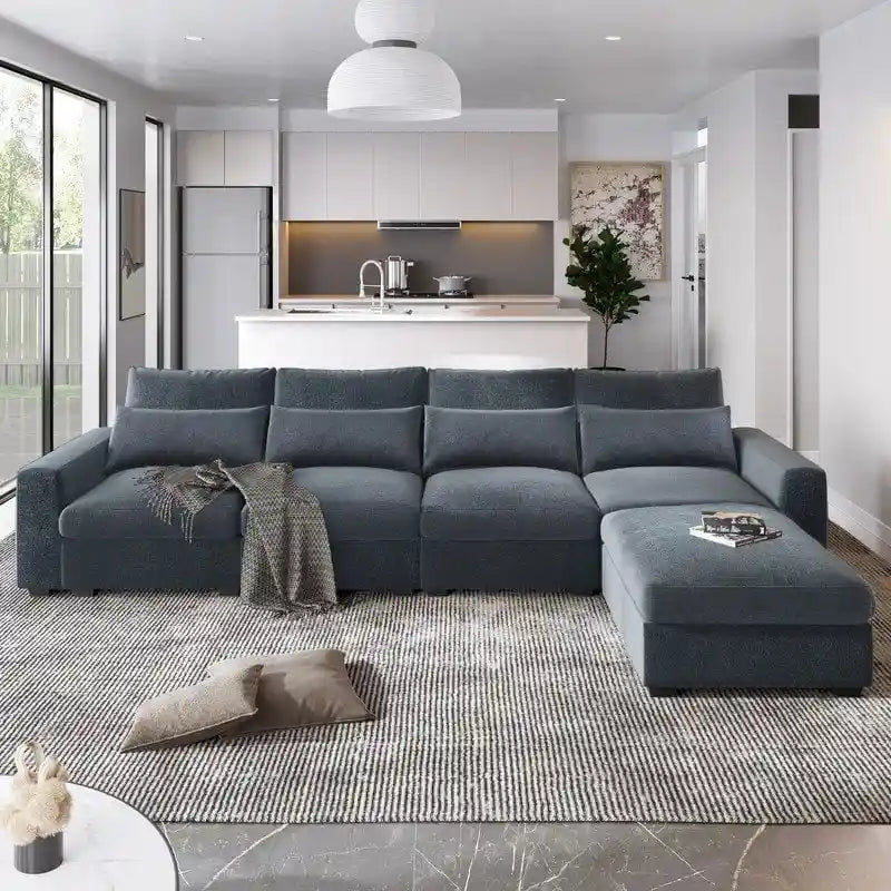 Modernes umwandelbares L-förmiges Leinen-Feder-Modulsofa, umkehrbar