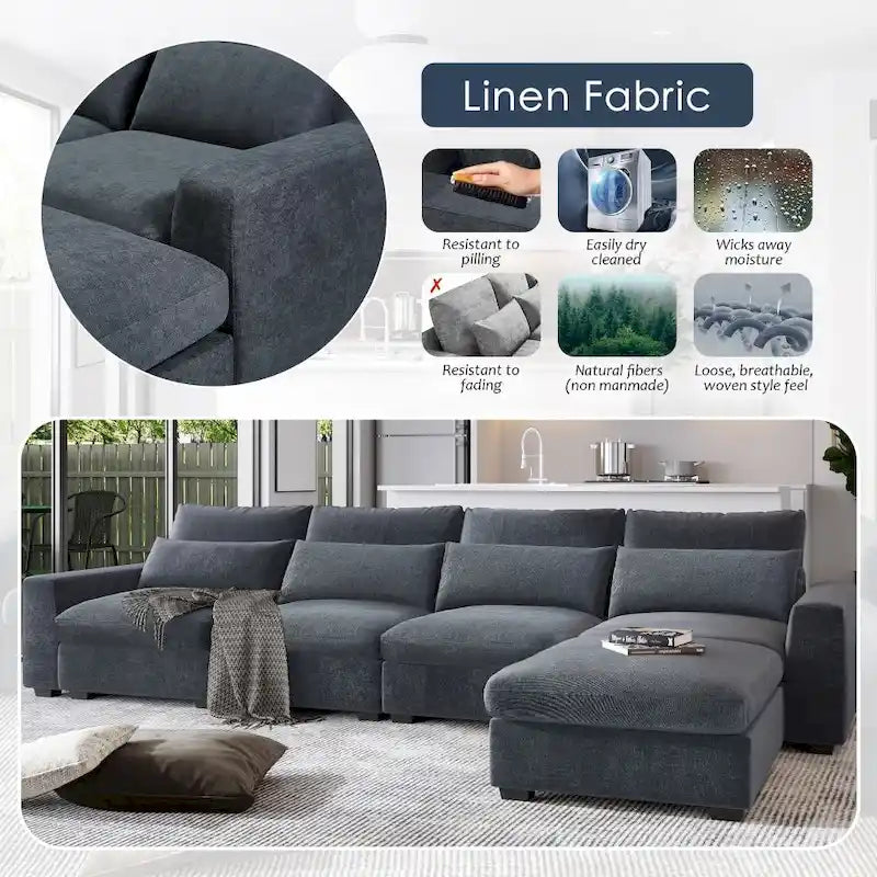 Modernes umwandelbares L-förmiges Leinen-Feder-Modulsofa, umkehrbar