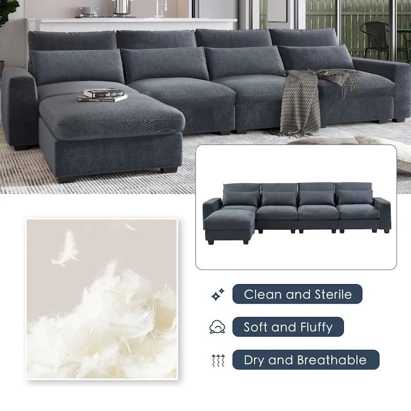 Modernes umwandelbares L-förmiges Leinen-Feder-Modulsofa, umkehrbar