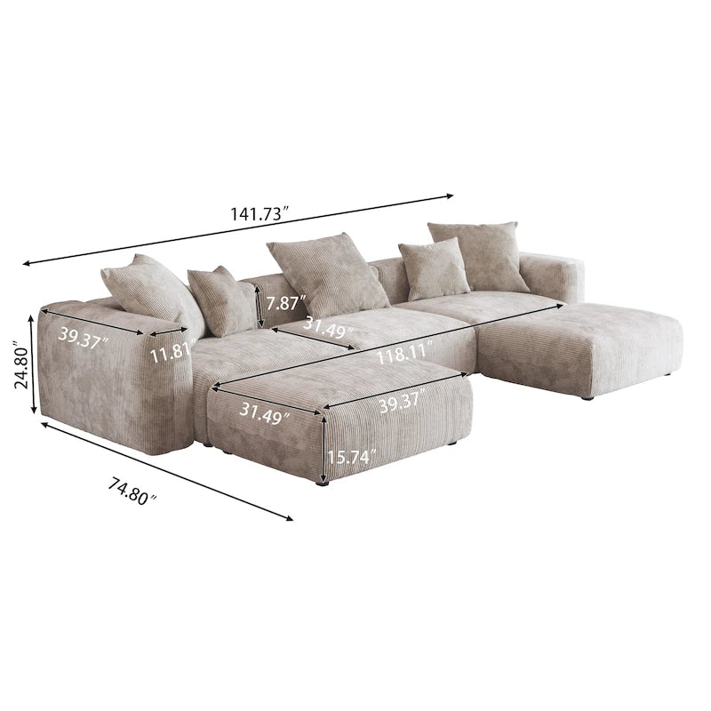 141.73 Modulares Ecksofa, U-förmiges Cord-Sofa mit Ottomanen