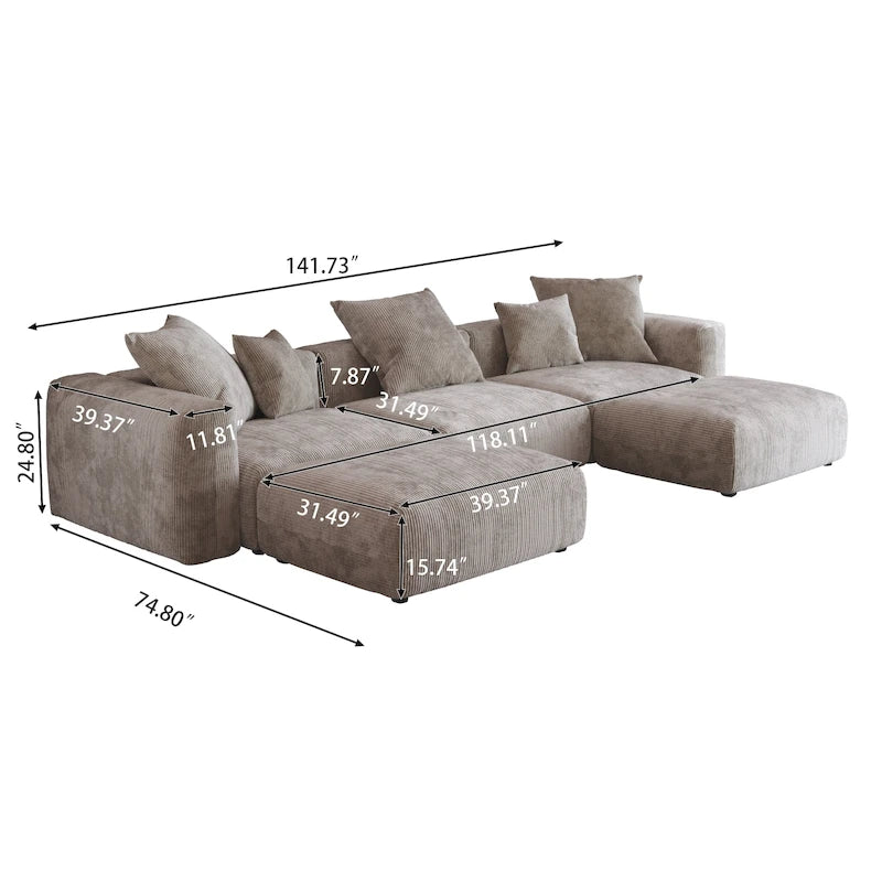 141.73 Modulares Ecksofa, U-förmiges Cord-Sofa mit Ottomanen