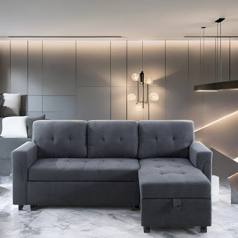 Umwandelbares Ecksofa mit ausziehbarem Schlafsofa, versteckter Stauraum-Recamiere, langlebige Beine,