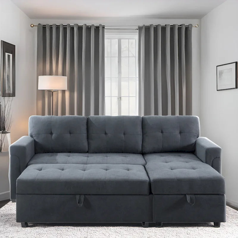 Umwandelbares Ecksofa mit ausziehbarem Schlafsofa, versteckter Stauraum-Recamiere, langlebige Beine,