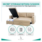 Umwandelbares Ecksofa mit ausziehbarem Schlafsofa, versteckter Stauraum-Recamiere, langlebige Beine,