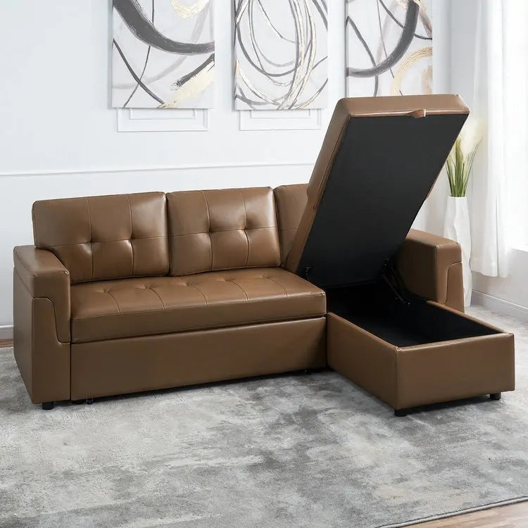 Umwandelbares Ecksofa mit ausziehbarem Schlafsofa, versteckter Stauraum-Recamiere, langlebige Beine,