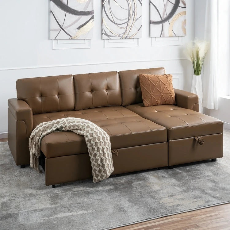 Umwandelbares Ecksofa mit ausziehbarem Schlafsofa, versteckter Stauraum-Recamiere, langlebige Beine,