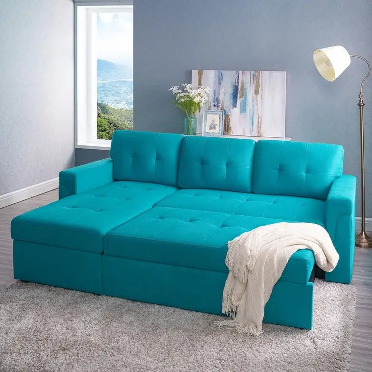 Umwandelbares Ecksofa mit ausziehbarem Schlafsofa, versteckter Stauraum-Recamiere, langlebige Beine,