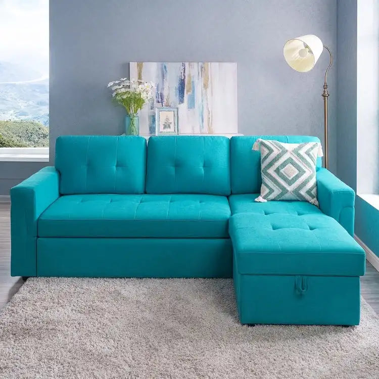 Umwandelbares Ecksofa mit ausziehbarem Schlafsofa, versteckter Stauraum-Recamiere, langlebige Beine,