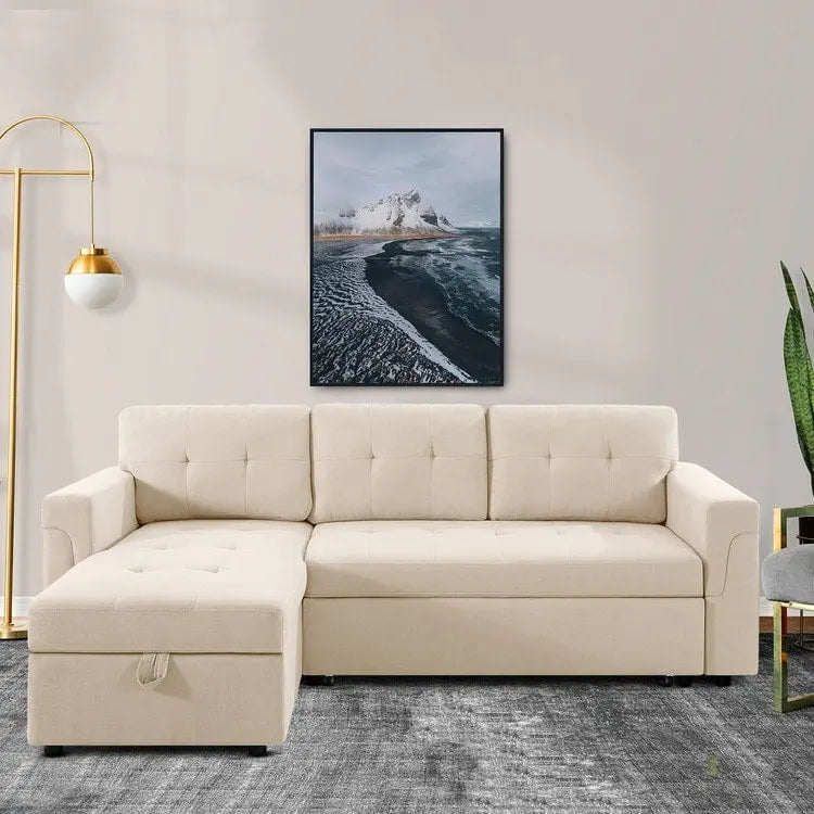 Umwandelbares Ecksofa mit ausziehbarem Schlafsofa, versteckter Stauraum-Recamiere, langlebige Beine,