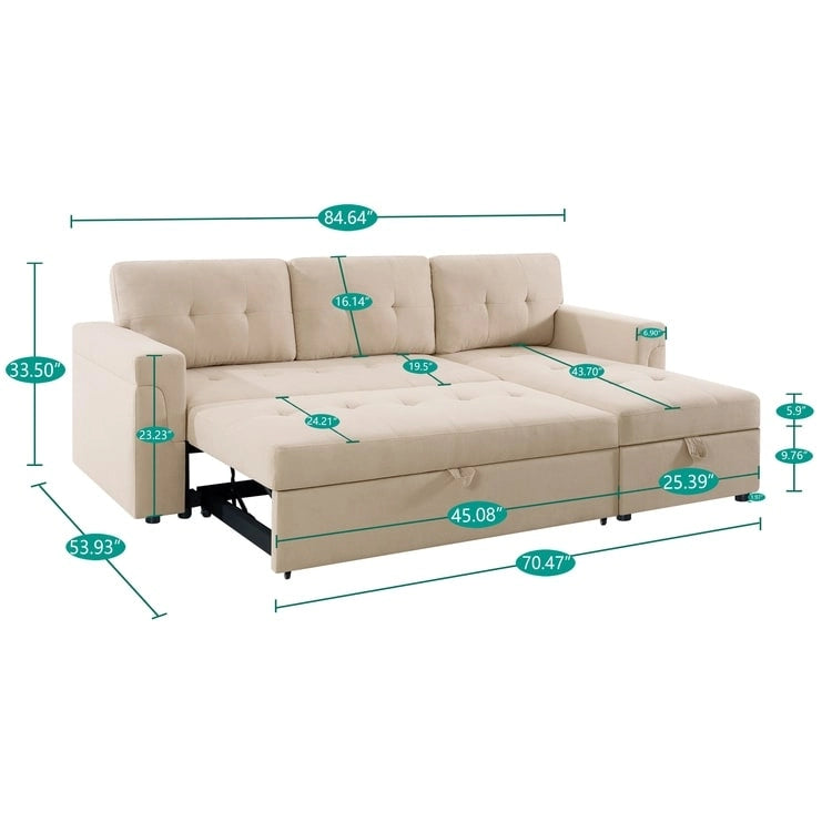 Umwandelbares Ecksofa mit ausziehbarem Schlafsofa, versteckter Stauraum-Recamiere, langlebige Beine,