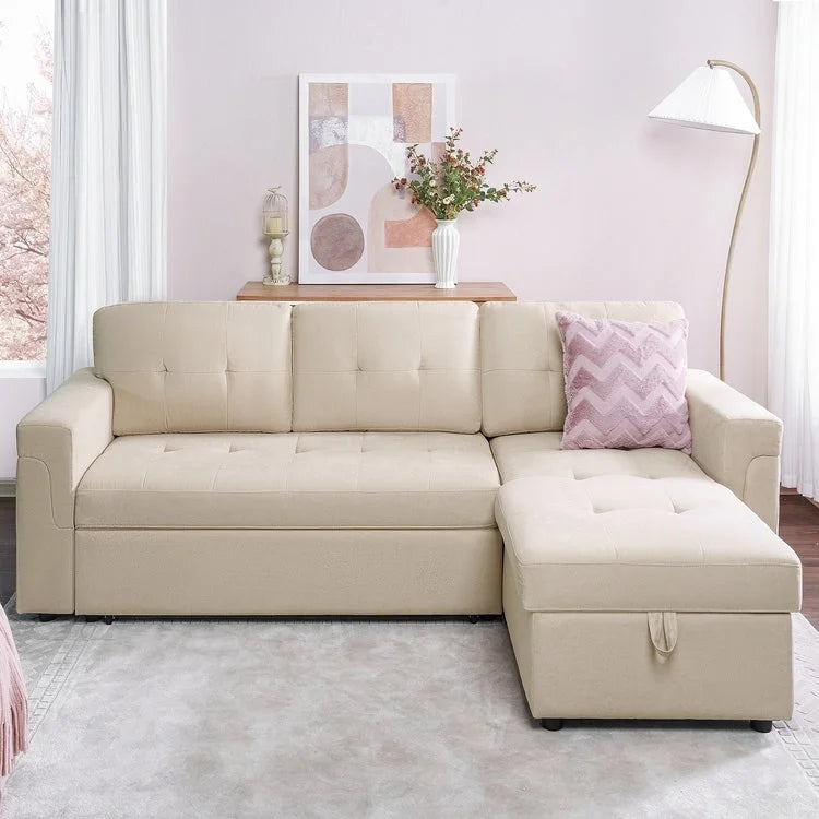 Umwandelbares Ecksofa mit ausziehbarem Schlafsofa, versteckter Stauraum-Recamiere, langlebige Beine,