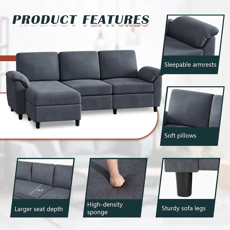 Futzca 79 Verwandlungssofa mit Chaiselongue, 3-Sitzer L-Form