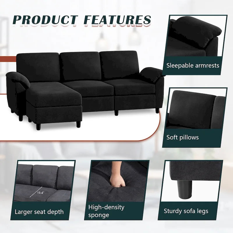 Futzca 79 Verwandlungssofa mit Chaiselongue, 3-Sitzer L-Form