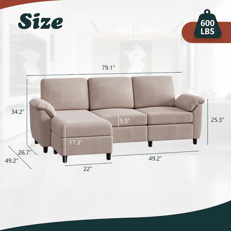 Futzca 79 Verwandlungssofa mit Chaiselongue, 3-Sitzer L-Form