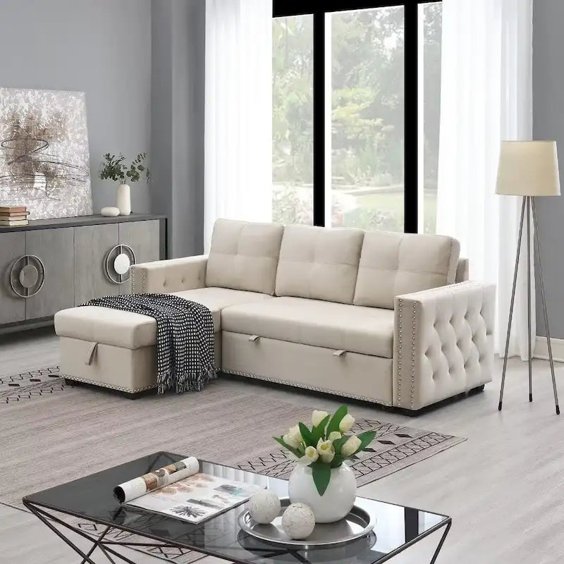 Modernes umwandelbares L-förmiges Schlafsofa mit Recamiere und Stauraum