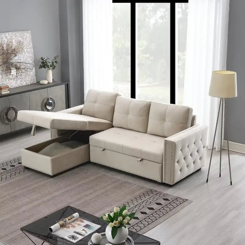 Modernes umwandelbares L-förmiges Schlafsofa mit Recamiere und Stauraum