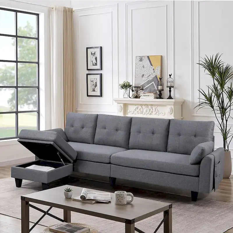 Modulares Ecksofa L-förmig mit Chaiselongue, Stauraum-Ottomane und Seitentaschen für das Wohnzimmer