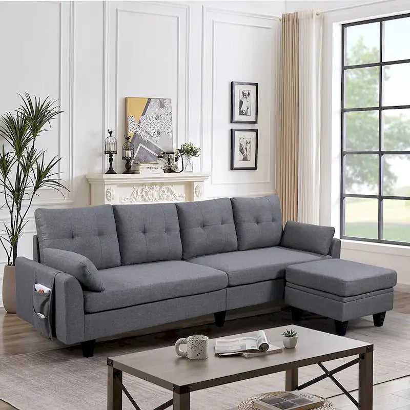 Modulares Ecksofa L-förmig mit Chaiselongue, Stauraum-Ottomane und Seitentaschen für das Wohnzimmer