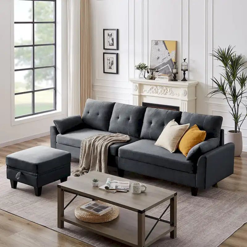 Modulares Ecksofa L-förmig mit Chaiselongue, Stauraum-Ottomane und Seitentaschen für das Wohnzimmer